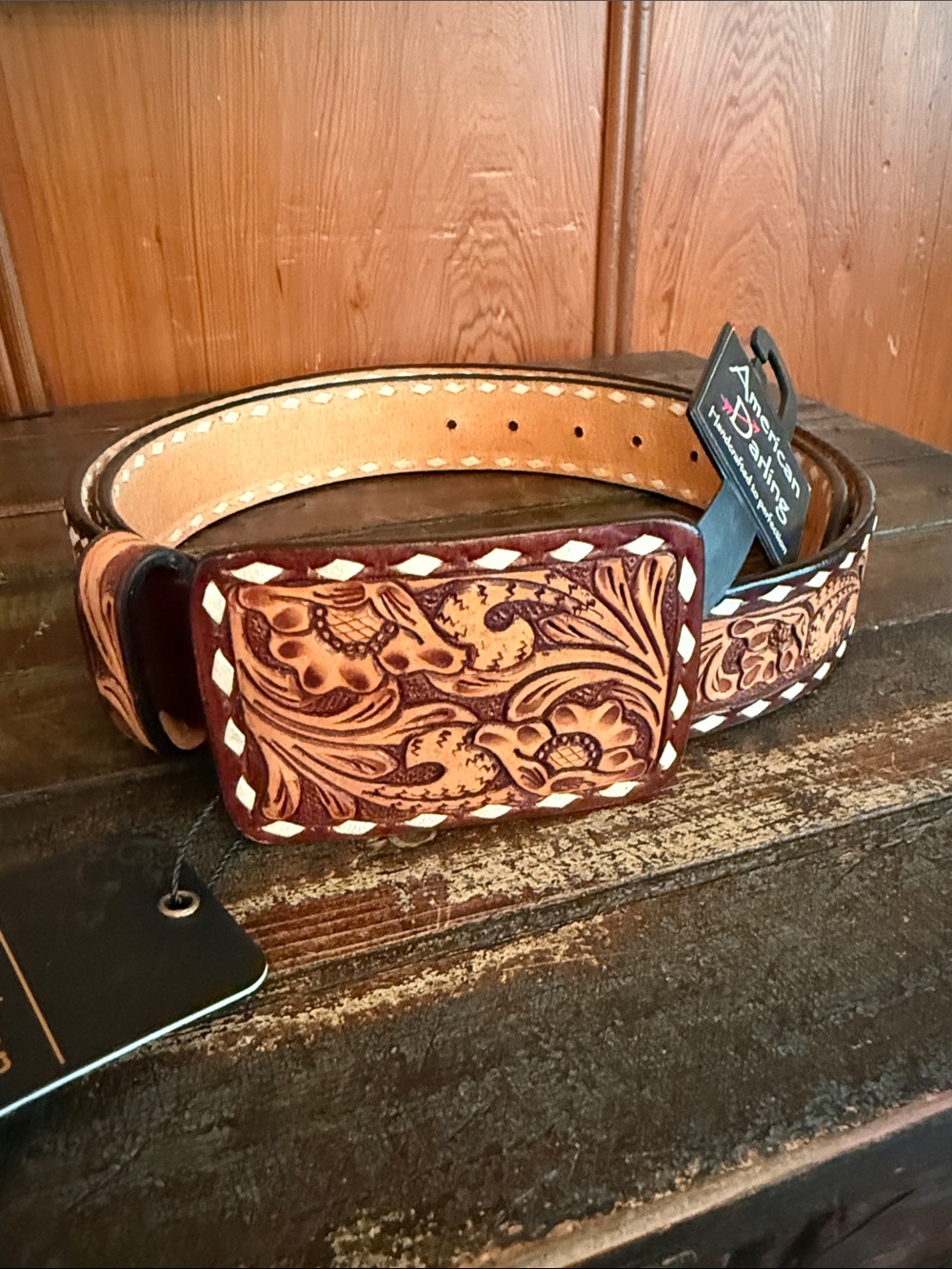 American Darling Hand-Tooled Floral Leather Belt in Tan and Brown - Womens
